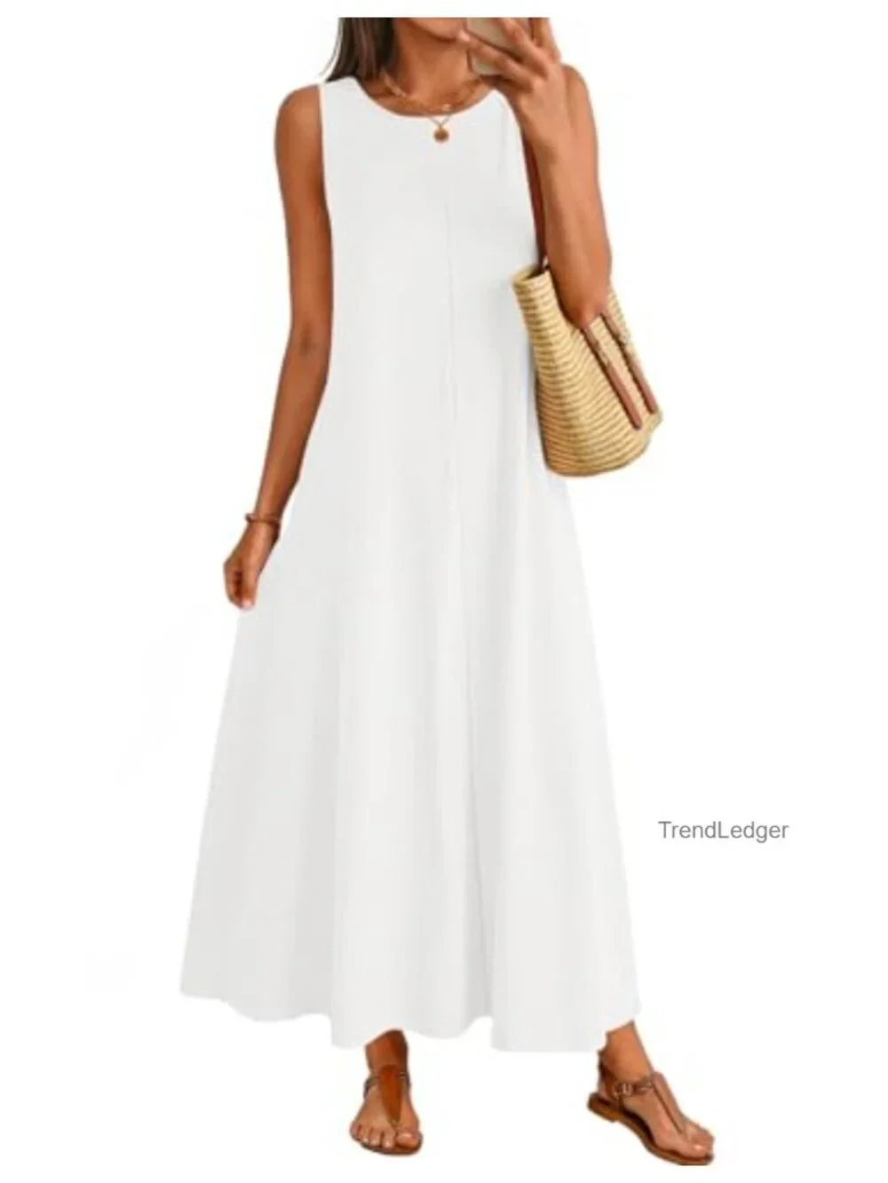 Casual Sleeveless Maxi Sundress with Pockets, Loose Fit, Crewneck